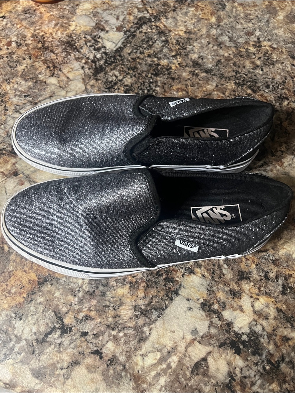 Vans Slip-On Glitter Canvas Loafers in Black and White
